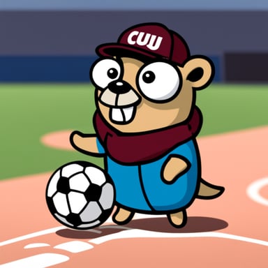 Go blue gopher, which has the word cuju written on his cap and holds a soccer ball in its hand.