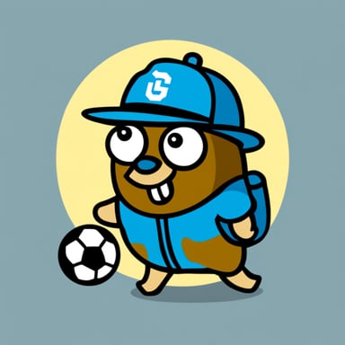 Go blue gopher, which has the word cuju written on his cap and holds a soccer ball in its hand.