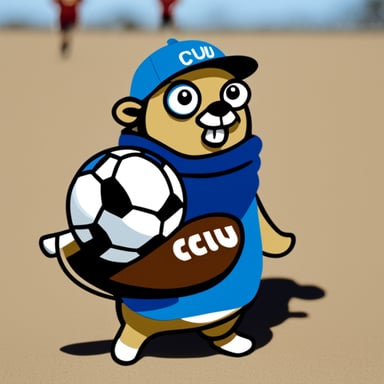 Go blue gopher, which has the word cuju written on his cap and holds a soccer ball in its hand.