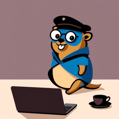 Go Blue Gopher working on a Kubernetes laptop
