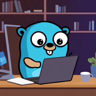 Go Blue Gopher working on a Kubernetes laptop