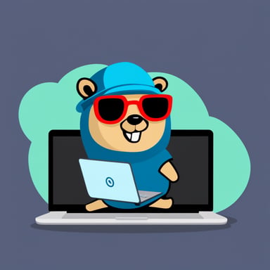 Go Blue Gopher working on a Kubernetes laptop