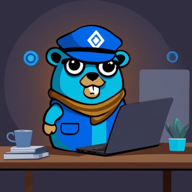 Go Blue Gopher working on a Kubernetes laptop