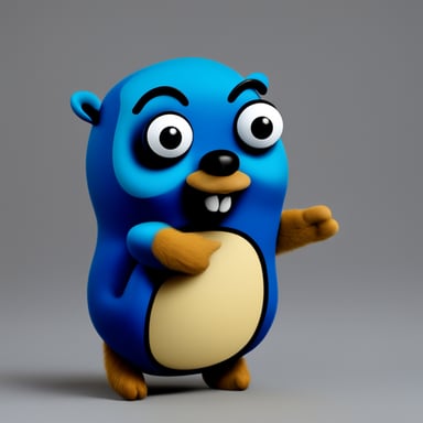 Go Blue Gopher with one hand in pocket and one hand pointing downward.