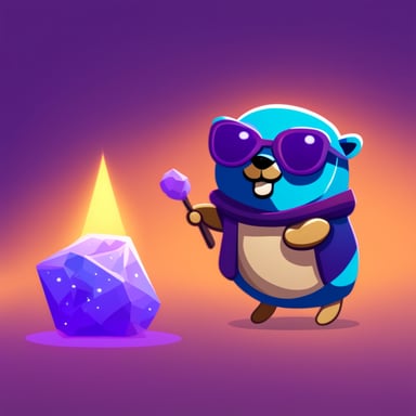 A go blue gopher holding a stone ore with shiny golden and modern purple rays.