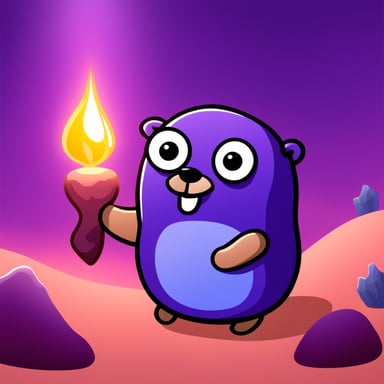 A go blue gopher holding a stone ore with shiny golden and modern purple rays.