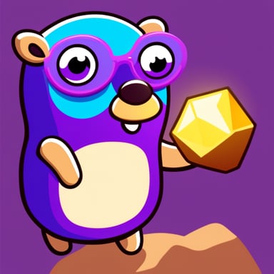 A go blue gopher holding a stone ore with shiny golden and modern purple rays.