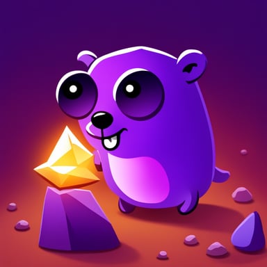 A go blue gopher holding a stone ore with shiny golden and modern purple rays.