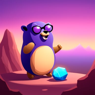 A go blue gopher holding a purplish hexagonal stone-like ore that emits shiny golden and modern purple rays.
