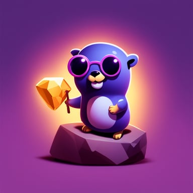 A go blue gopher holding a purplish hexagonal stone-like ore that emits shiny golden and modern purple rays.