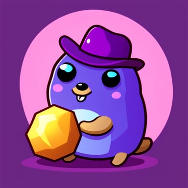 A go blue gopher holding a purplish hexagonal stone-like ore that emits shiny golden and modern purple rays.