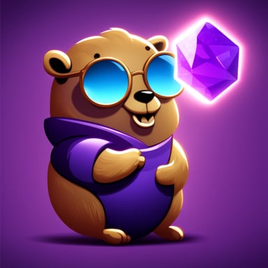 A go blue gopher holding a purplish hexagonal stone-like ore that emits shiny golden and modern purple rays.