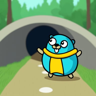 Go Blue Gopher coming outside a tunnel.
