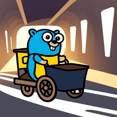 Go Blue Gopher pulling a cart coming outside a tunnel in logo style.