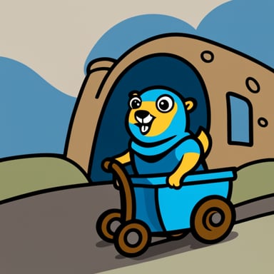 Go Blue Gopher pulling a cart coming outside a tunnel in logo style.