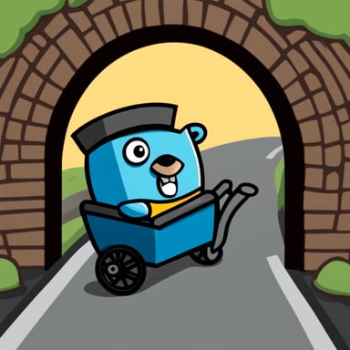 Go Blue Gopher pulling a cart coming outside a tunnel in logo style.