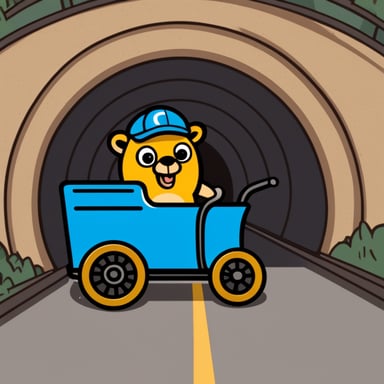 Go Blue Gopher pulling a cart coming outside a tunnel in logo style.