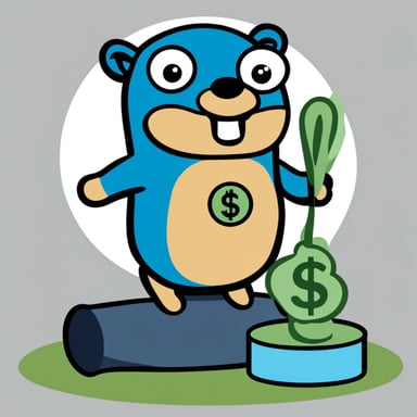 A Go Blue Gopher, holding a dollar sign to symbolize environment variables with a circle border around it.