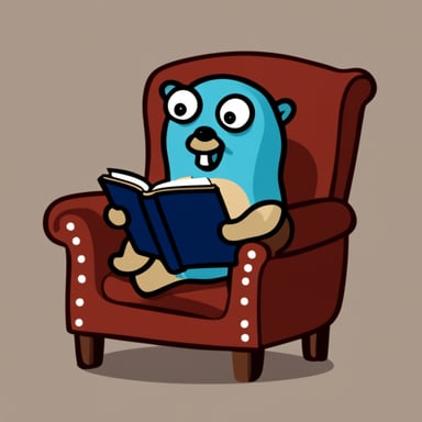 Go Blue Gopher sitting in an armchair reading a book.