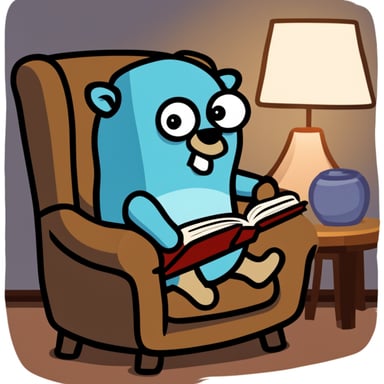Go Blue Gopher sitting in an armchair reading a book.