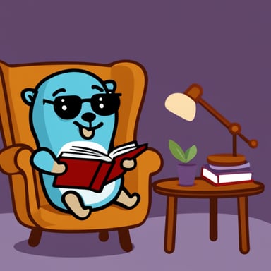 Go Blue Gopher sitting in an armchair reading a book.