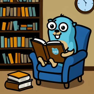 Go Blue Gopher sitting in an armchair reading a book.