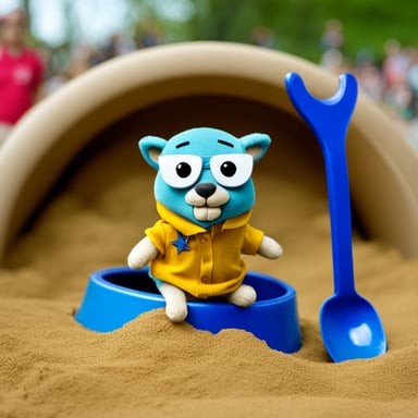 Go blue gopher dressed up as a cat in a sandbox.