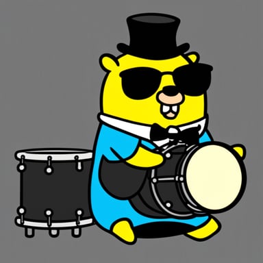 Go Blue Gopher with a yellow body wearing a black tuxedo sitting on the beat