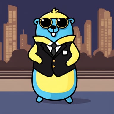 Go Blue Gopher with a yellow body wearing a black tuxedo sitting on the beat