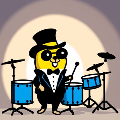 Go Blue Gopher with a yellow body wearing a black tuxedo sitting on the beat
