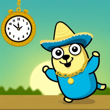 Go Blue Gopher with a sombrero and a clock gold chain necklace.