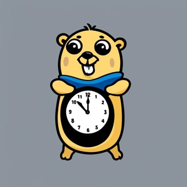 Go Blue Gopher with a clock necklace, transparent background.