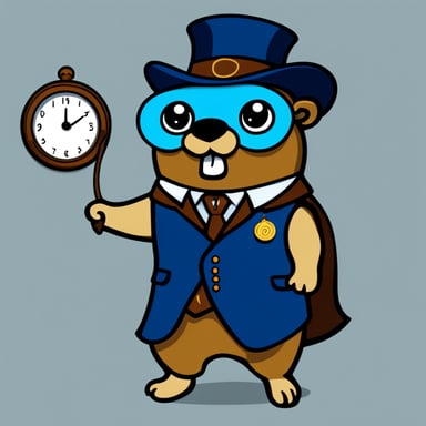 Go Blue Gopher with a clock necklace, transparent background.