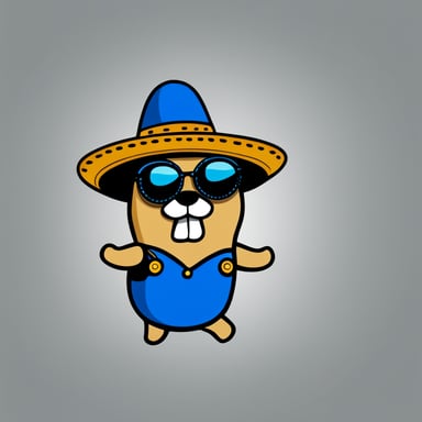 Go Blue Gopher with a sombrero and pocket watch, no background, in a simple clip art style.