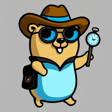 Go Blue Gopher with a sombrero and pocket watch, no background, in a simple clip art style.