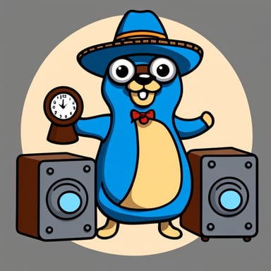 Go Blue Gopher with a sombrero and clock, no background, in a simple clip art style.