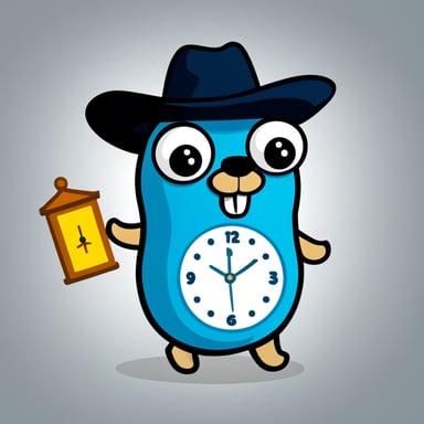 Go Blue Gopher with a sombrero and clock, no background, in a simple clip art style.