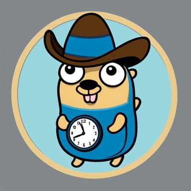 Go Blue Gopher with a sombrero and clock, no background, in a simple clip art style.