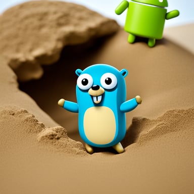 Go Blue Gopher playing in a sandbox with the Android mascot.