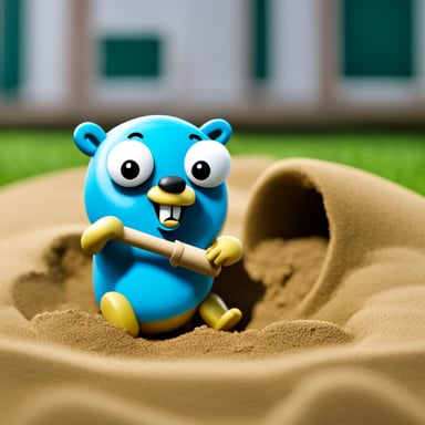 Go Blue Gopher playing in a sandbox with the Android mascot.