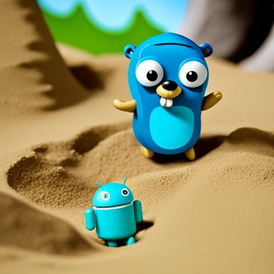 Go Blue Gopher playing in a sandbox with the Android mascot.