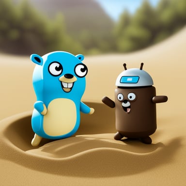 Go Blue Gopher and the Android mascot are playing together in a sandbox.