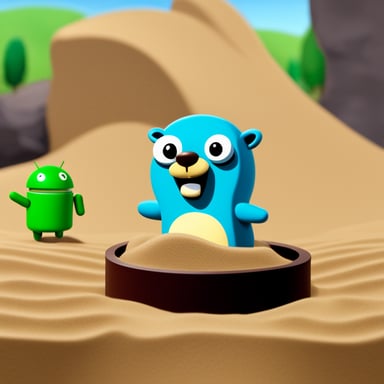 Go Blue Gopher playing in a sandbox with the Android mascot.