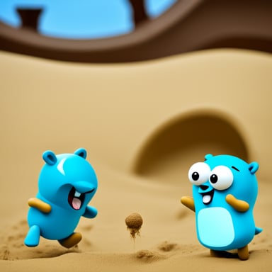 Go Blue Gopher playing in a sandbox with the Android mascot.