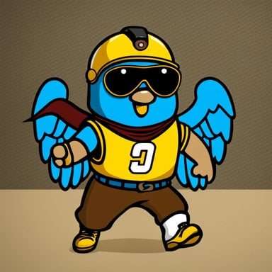 Go Blue Gopher, donning a helmet with two wings, sports a yellow mustache, wears a black t-shirt, red pants, and brown leather shoes.