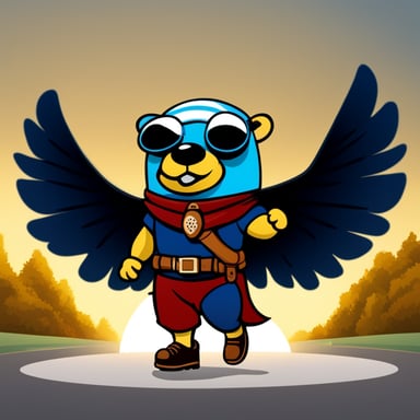 Go Blue Gopher, donning a helmet with two wings, sports a yellow mustache, wears a black t-shirt, red pants, and brown leather shoes.