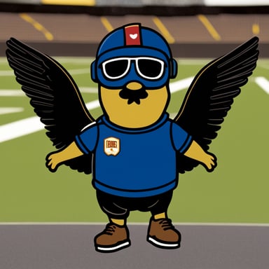 Go Blue Gopher, donning a helmet with two wings, sports a yellow mustache, wears a black t-shirt, red pants, and brown leather shoes.