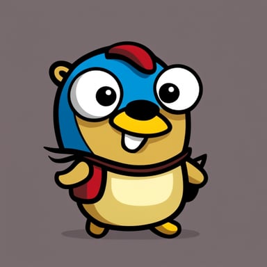 Go Blue Gopher, donning a helmet with two wings, sports a yellow mustache, wears a black t-shirt, red pants, and brown leather shoes.
