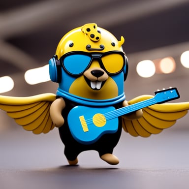 Happy Go Blue Gopher sports a helmet adorned with two small wings, a striking yellow mustache, a black T-shirt, red pants, and brown leather shoes.