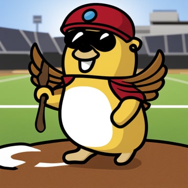 Happy Go Blue Gopher sports a helmet adorned with two small wings, a striking yellow mustache, a black T-shirt, red pants, and brown leather shoes.